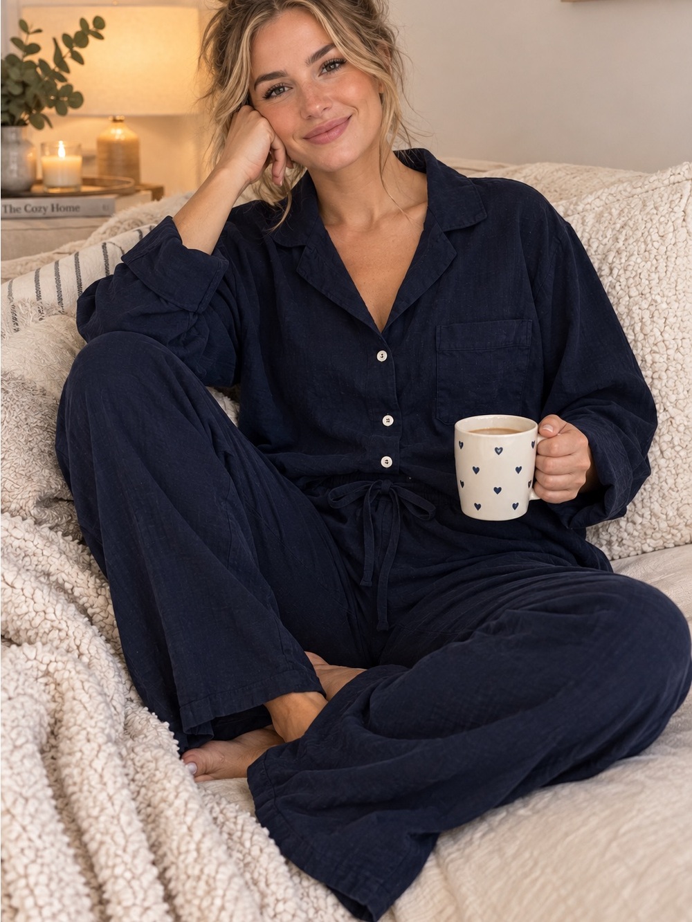Cozy Earth Relaxed Navy Button-Front Lounging Pajama Set with Drawstring Waist-L